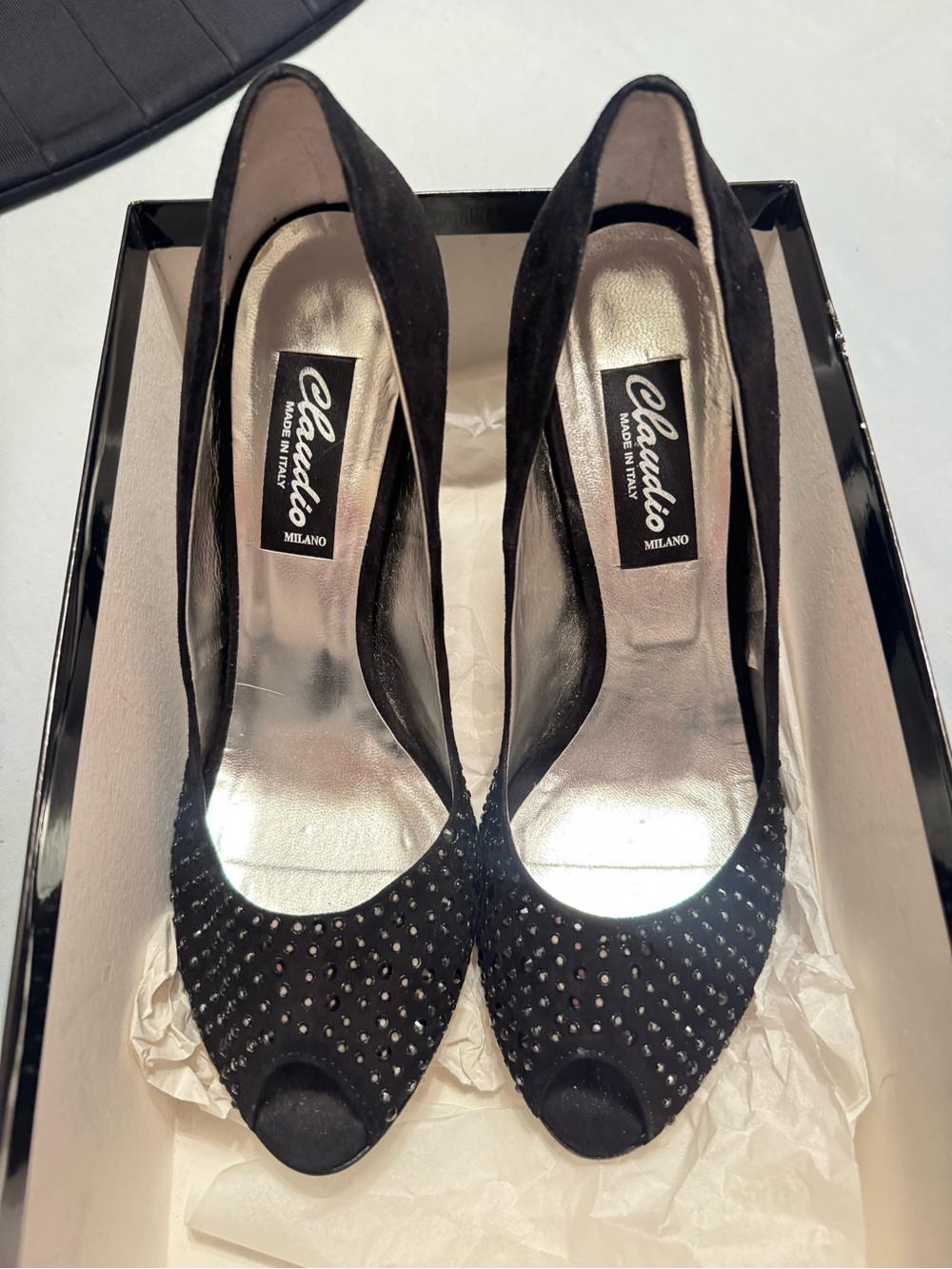 Black Suede Peep-Toe Pumps with Crystal Accents Claudio Milano size 7.5/38